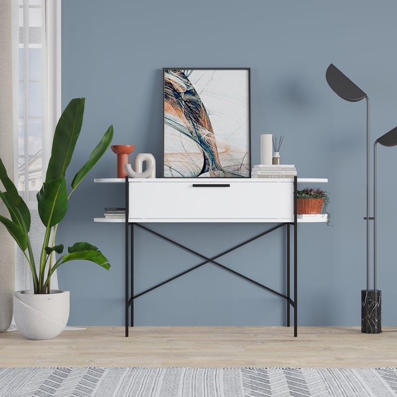 Mourah Home Otis Modern Console Table With Drawer & Open Shelves â€“ Metal Frame Entryway Table For Living Room, Hallway & Bedroom- White- 2 Years Warranty - Image 2